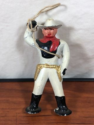 Antique Vintage Die - Cast Metal Old Toy Good Guy Cowboy In White Swinging A Lasso