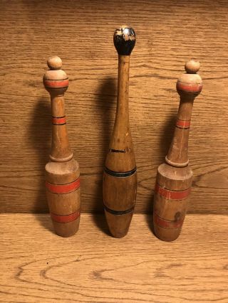Victorian 1890’s Three Wood Bowling,  Juggling Or Exercising Antique Pins