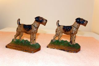 Antique Cast Iron Book Ends.  Hubley 294.  Wirehair Fox Terrier Dogs -
