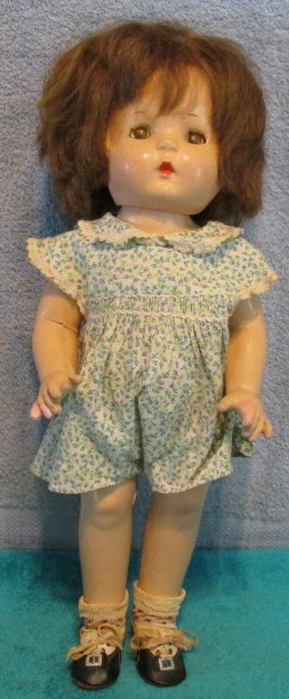 Antique 17 " Unmarked All Composition Doll Human Hair Wig Brown Crazed Eyes Cutie