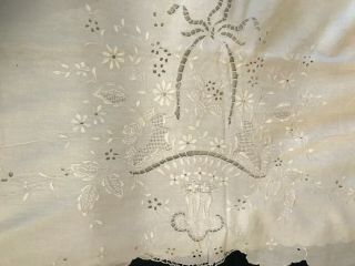 Antique Victorian Madeira Style Cut & Hand Embroidery White Flat Sheet 100 " X 87 "