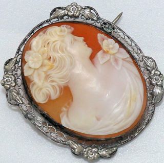 Lovely Large Antique Victorian Sterling Filigree Carved Shell Cameo Brooch An68