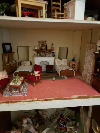 Antique Miniature Dollhouse Furniture,  Library Dresser Two Beds Sofa And Chair