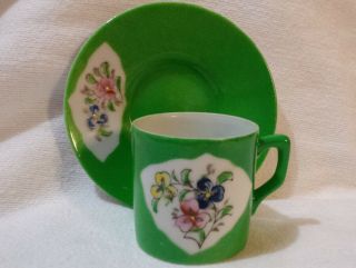 Vintage Demitasse Green Coffee Cup And Saucer With Floral Design Small Mug