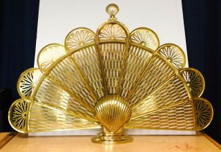 Victorian Solid Brass Peacock Fan Folding Fireplace Screen Brass Shell Handle