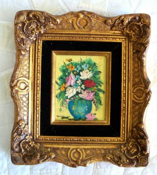 Vintage Oil Painting Wood Frame Floral Roses Flowers Signed Small