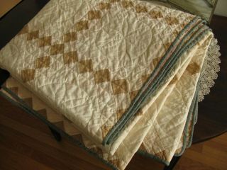 Antique All Hand Made Cotton Irish Chain Quilt,  Soft Colors,  Pink Plaid Reverse