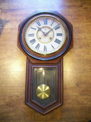 Antique Circa 1880 Ansonia Mahogany Drop Dial Wall Clock (roman Numerals Key)