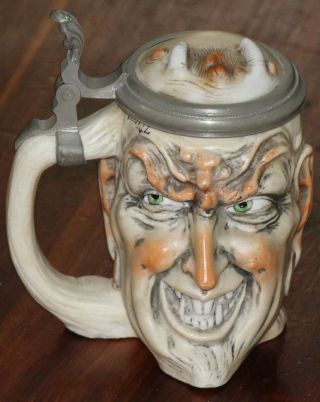 Bohne Sohne " Devil & Skull " Two Faced German 1/4l Beer Stein - Antique 5940