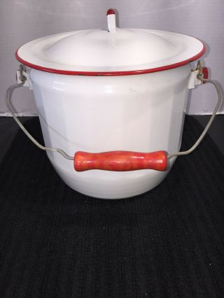 Vintage Red And White Enamel Chamber Pot Diaper Pail With Lid