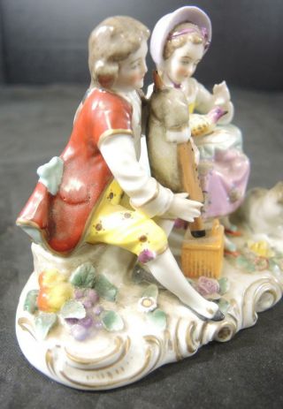 1850s French Porcelain Statue Figurine - Man With Bagpipe & Woman With Bird