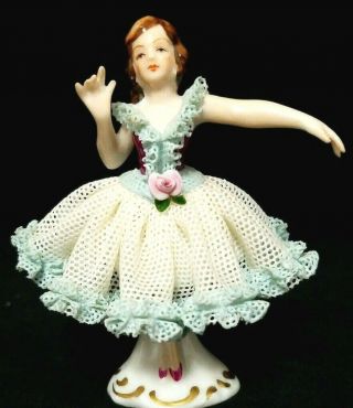 Dresden Porcelain Girl Figurine With Blue Lace Dress Germany 3 "