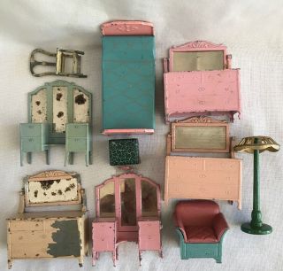 Vintage Tootsie Toy Doll House Furniture Miniature Chair Lamp Dresser Foot Rest