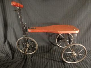 Antique 1900 - 20 ' s TRICYCLE TRIKE wood seat spoke wheels IRON FRAME wood handles 2