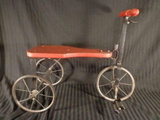 Antique 1900 - 20 ' s TRICYCLE TRIKE wood seat spoke wheels IRON FRAME wood handles 7