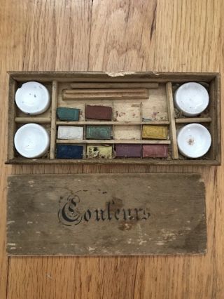 Vintage Antique Early Watercolor Set Dried Pan Colors Wooden Box
