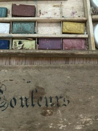 Vintage Antique Early Watercolor Set Dried Pan Colors Wooden Box 2