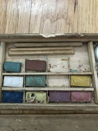 Vintage Antique Early Watercolor Set Dried Pan Colors Wooden Box 3