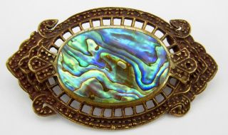 Gorgeous Antique Art Nouveau Abalone Shell Bronze Tone Pin Brooch