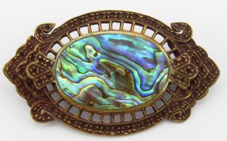 Gorgeous Antique Art Nouveau Abalone Shell Bronze Tone Pin Brooch 2