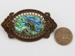 Gorgeous Antique Art Nouveau Abalone Shell Bronze Tone Pin Brooch 3