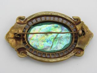 Gorgeous Antique Art Nouveau Abalone Shell Bronze Tone Pin Brooch 4