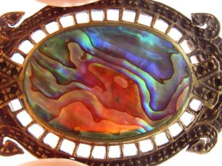 Gorgeous Antique Art Nouveau Abalone Shell Bronze Tone Pin Brooch 7