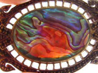 Gorgeous Antique Art Nouveau Abalone Shell Bronze Tone Pin Brooch 8