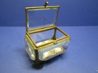 Antique French Ormolu Jewelry Trinket Padded Display Case - Beveled Glass & Brass