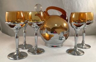 Antique Art Deco Farber Bros.  Amber Glass And Chrome Decanter Set