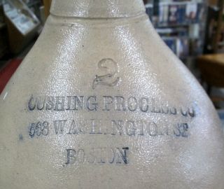 Antique Stoneware Handled Jug Cushing Process Co 568 Washington St Boston