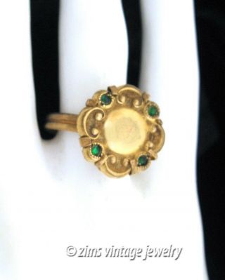 Antique Victorian Gold Plated Brass Floral Emerald Green Crystal Ring Size 6.  5