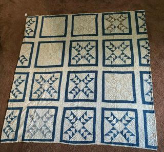 Antique Vtg Hand Made Quilt Flying Geese 65x62 Indigo Shirting 1880s