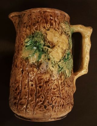 Lovely Antique Flower And Berry On Tree Bark Pitcher Majolica 1870 