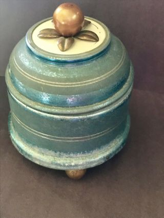 Vintage Antique Powder Puff Metal Trinket Music Box W/ Ornate Lid Ornamentation