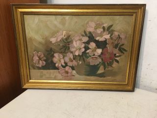 Antique Victorian Still Life Painting Of Pretty Pink Flowers