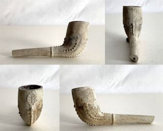 Antique Partial Clay Pipe Cutty Bowl & Fair Amount Of Stem - Fancy Leaf Design