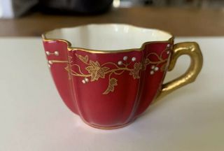 Antique Coalport Demitasse Cup Burgundy,  Gold Gilt Leaf Design Enameled Jewels