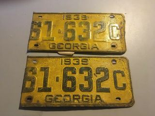 Vintage License Plate 1939 Antique Old Early Georgia Peach State Matching Pair