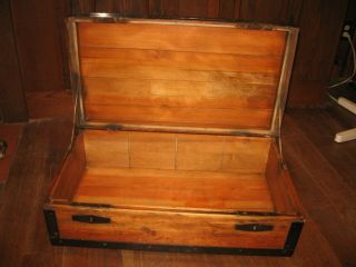 Antique Wood Iron Strong Box Document Chest 1800s Double Lock W Key Metal Trunk