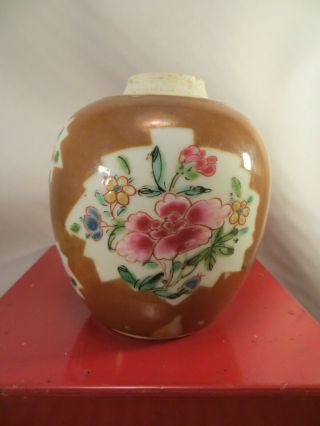 Antique Chinese Porcelain Ginger Jar Brown Glaze Famille Rose Flowers China 3.  7 "