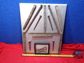 Primitive Framed Display Of Architectural Square Head Barn Nails & Spikes