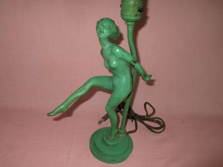 Antique Metal Frankart Style Art Deco Green Nude Nymph Girl Art Deco Table Lamp