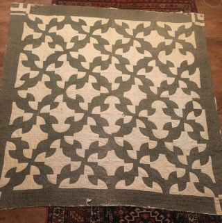 Antique Drunkards Path Calico Pieced Quilt,  Hand Quilted 69 X 67 7 Spi Ca 1900