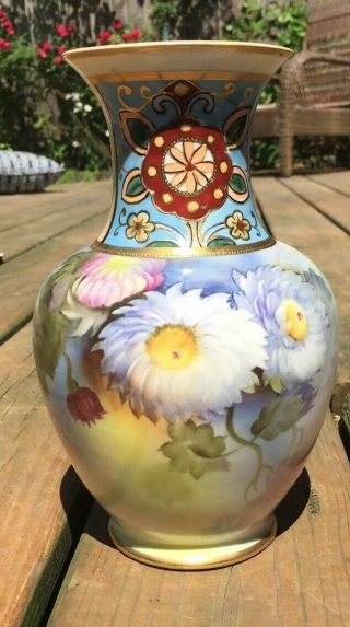 Noritake Vase,  Antique Hand Painted,  Japan Flowers,  Blue White Rust Colors,  8.  75”