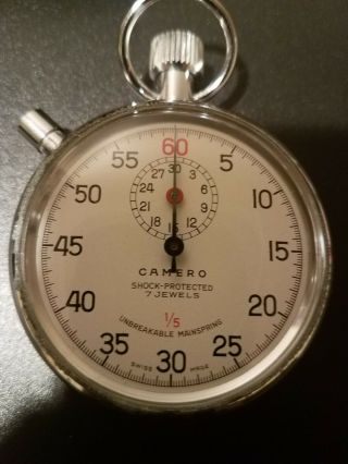 Vtg Camero Stopwatch 7 Jewels 1/5 Swiss Made Great With Box