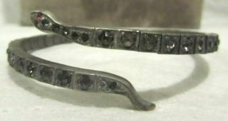 Antique Vintage Silver Tone Segment Snake Bracelet Clear Rhinestones Red Eyes Nr