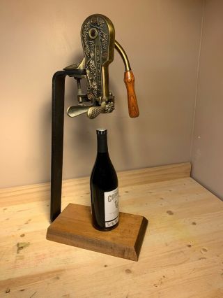 Rogar Estate Antique Brass Table Top Wine Bottle Opener W/ Wood Stand Corkscrew