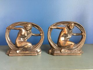 Antique Early 20th Century Art Deco Nude Woman Bookends