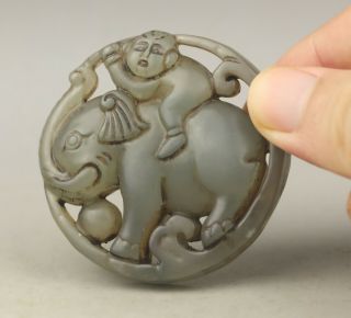 Old Chinese Natural Jade Hand - Carved Elephant And Monkey Pendant